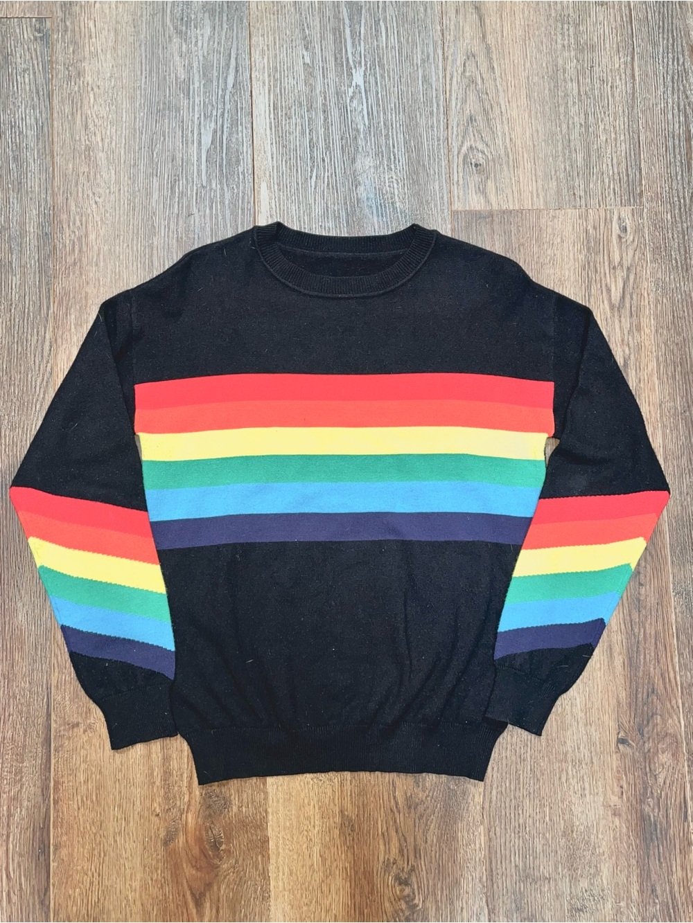 Vintage Black Sweater Rainbow Stripe, Women’s Crewneck Soft and Stretchy, No Tag